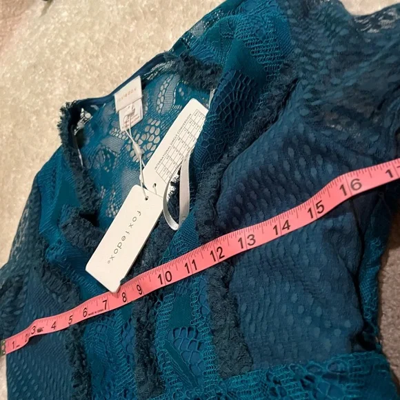 NWT $195 foxiedox | Gloria | Lace Dress with Sheer Arms in Sapphire & Teal Black - Picture 14 of 16